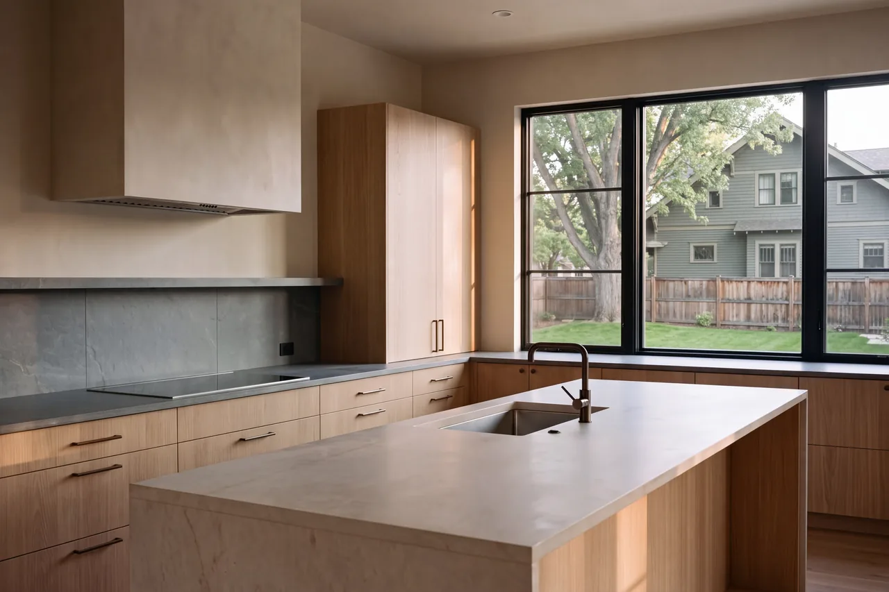 The same kitchen remodeled with white oak cabinets, a stone island and black-framed windows