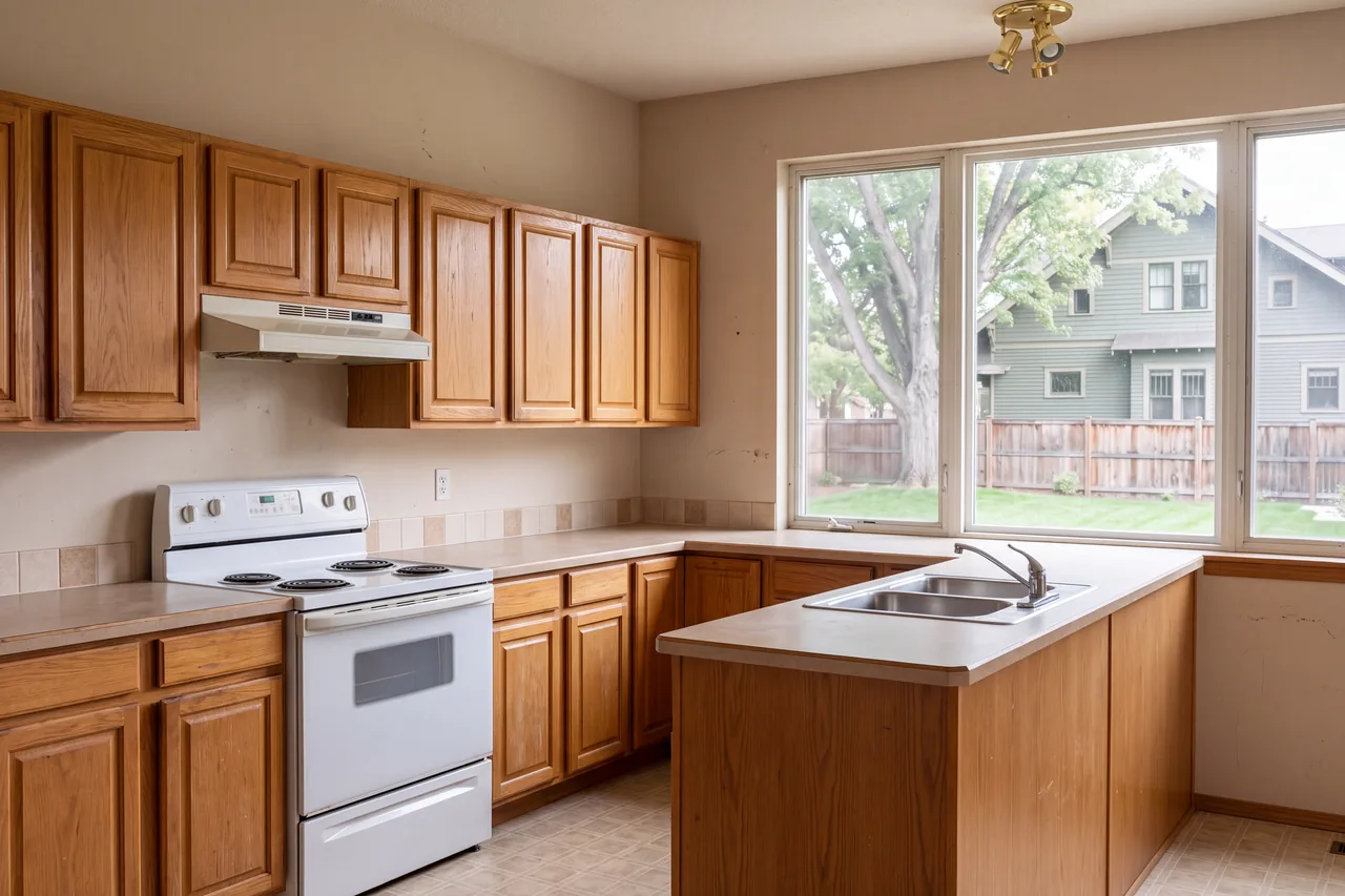 A dated kitchen with honey oak cabinets, laminate counters and a small peninsula