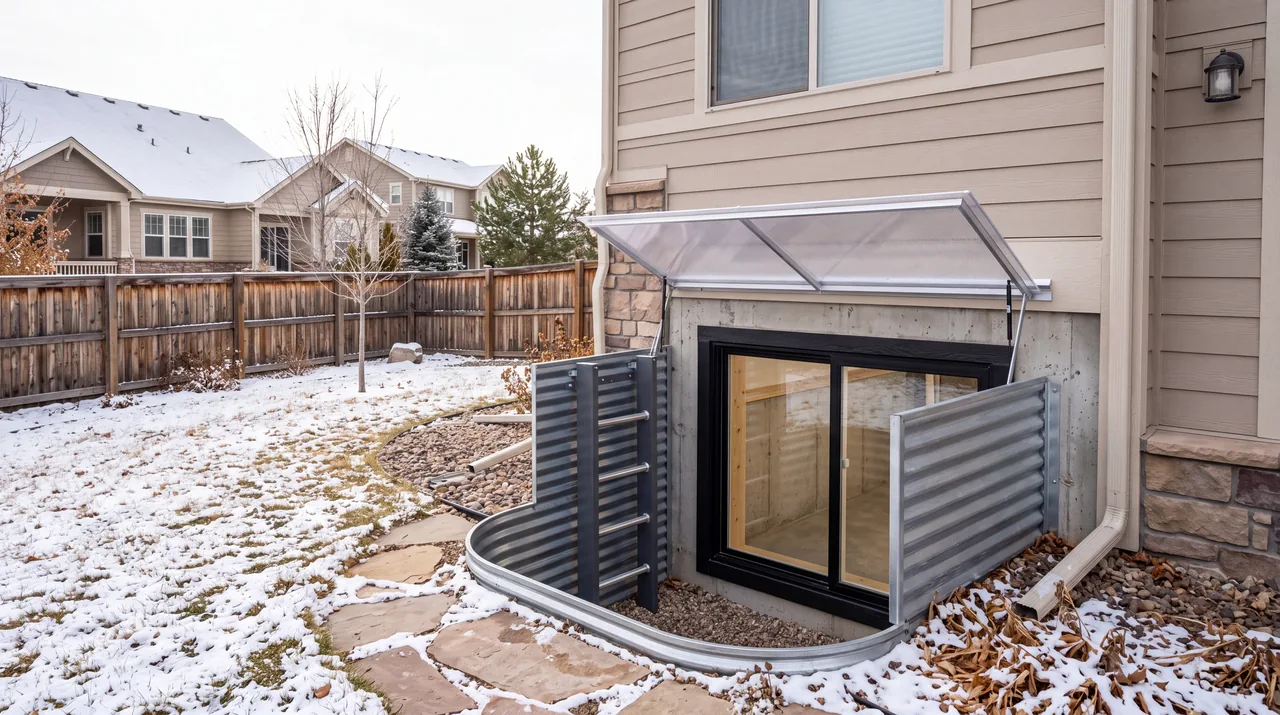 Basement egress window set in a deep metal window well with a ladder inside, seen from a fenced backyard with a light dusting of snow on the ground