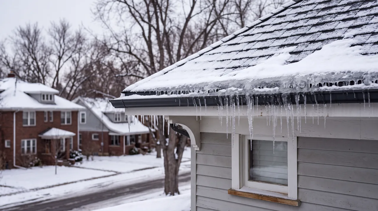 Icicles and a ridge of ice along the eave of a two-story house in a residential neighborhood