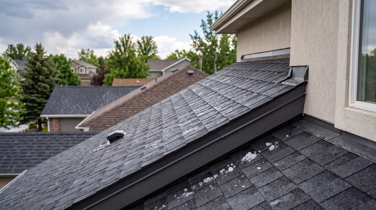Close-up of new charcoal architectural shingles with step flashing along a wall and a few small hailstones resting on the roof
