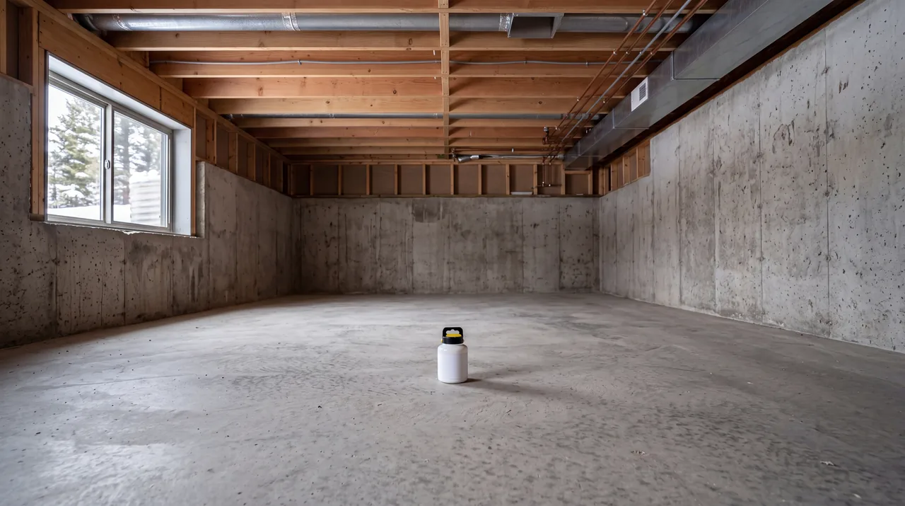 Unfinished basement with bare concrete walls and floor, exposed ceiling joists overhead, and a small radon test canister sitting on the floor