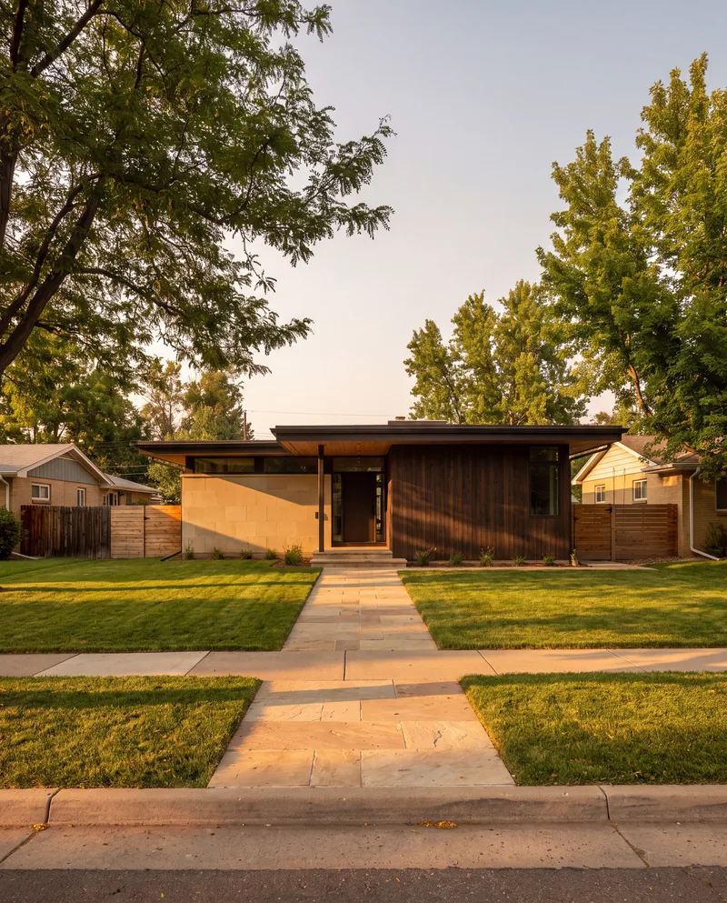 A long, low single-level modern ranch house of stone and dark timber behind a front lawn and shade trees