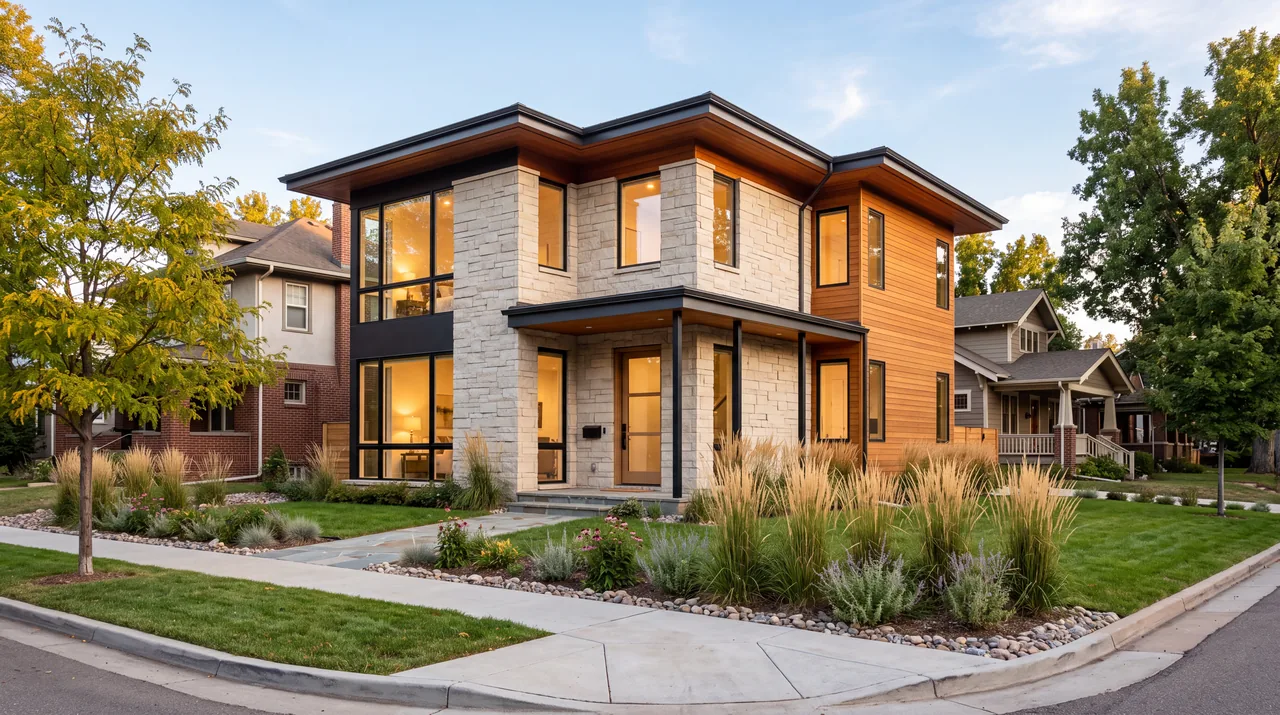 The same house finished in stacked limestone and cedar siding