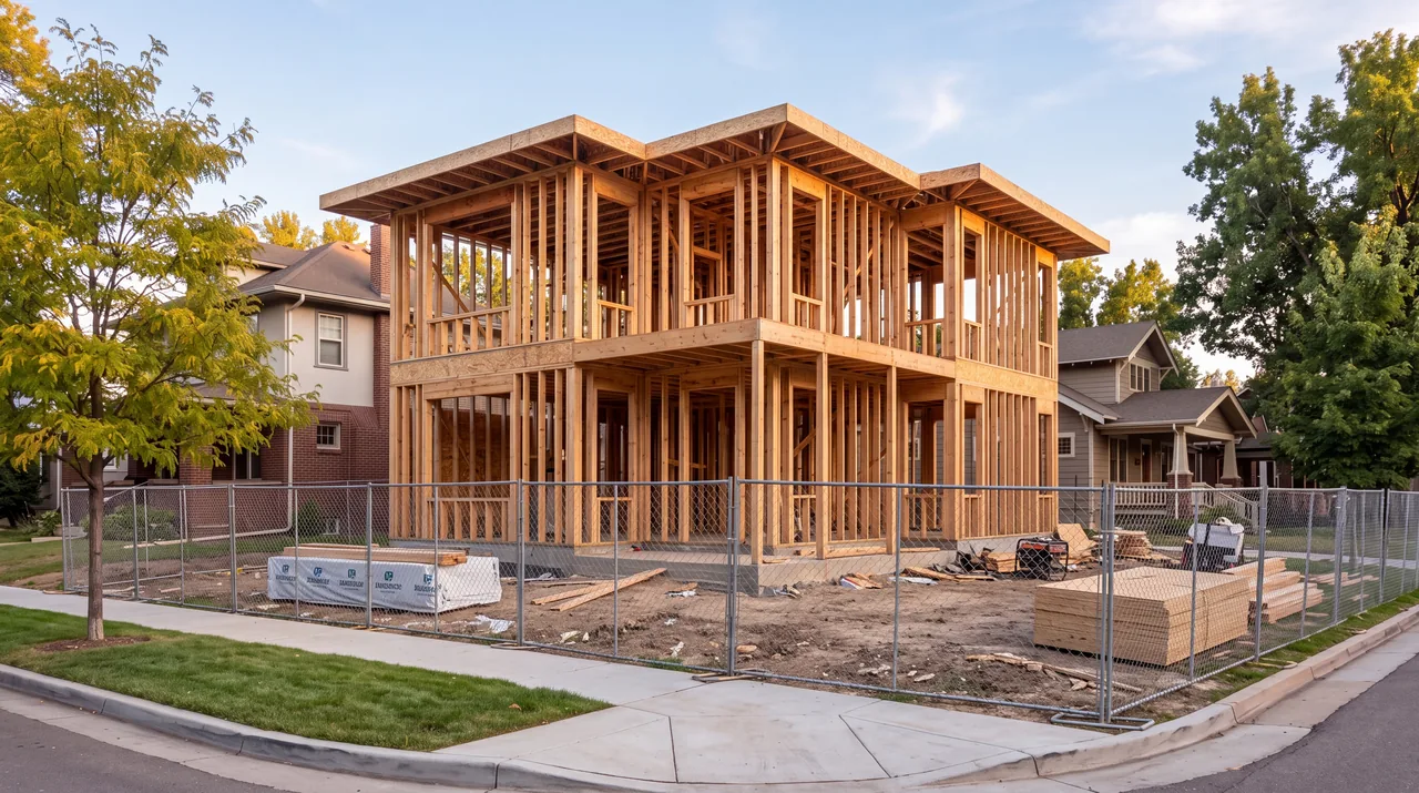 A two-story house in timber framing on a neighborhood lot