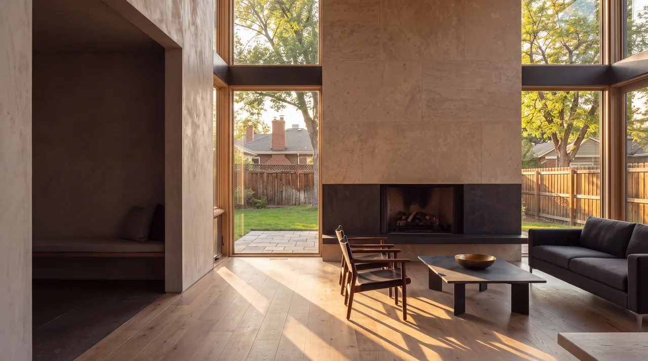 A great room with a fireplace and tall windows onto a backyard