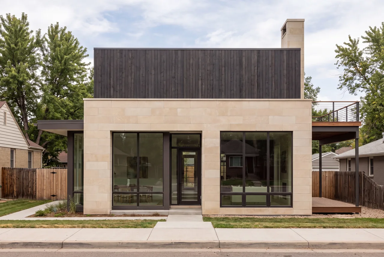 A modern infill house of limestone and dark timber volumes on a residential street