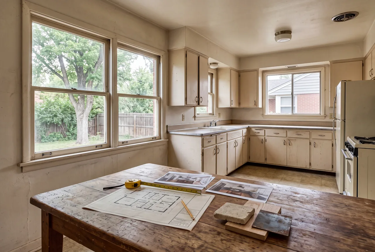 Plans and samples on a kitchen table