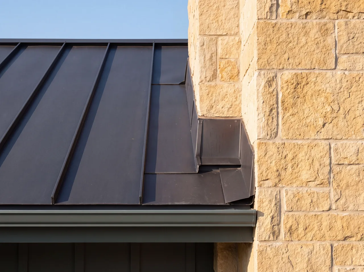 A kickout flashing where a roof edge meets a sidewall