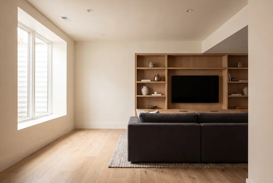 A finished basement family room with an oak media wall and an egress window