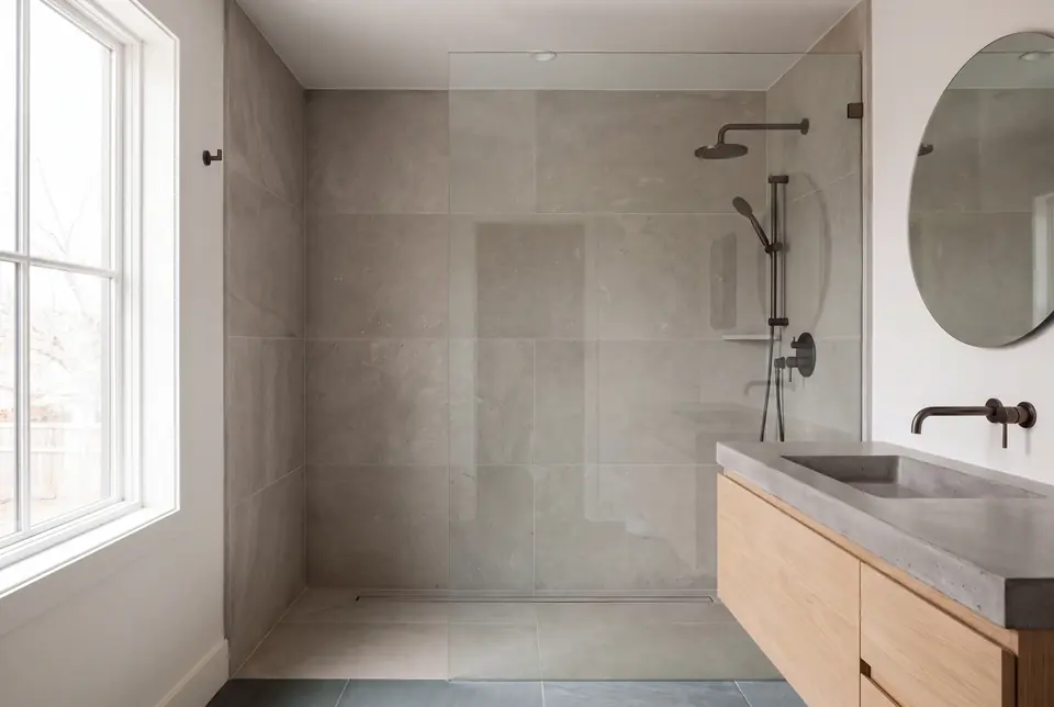 A remodeled bathroom with a curbless limestone shower and an oak vanity