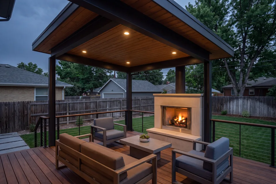 A covered backyard deck with a limestone outdoor fireplace and cable rail, with neighboring fences and houses beyond