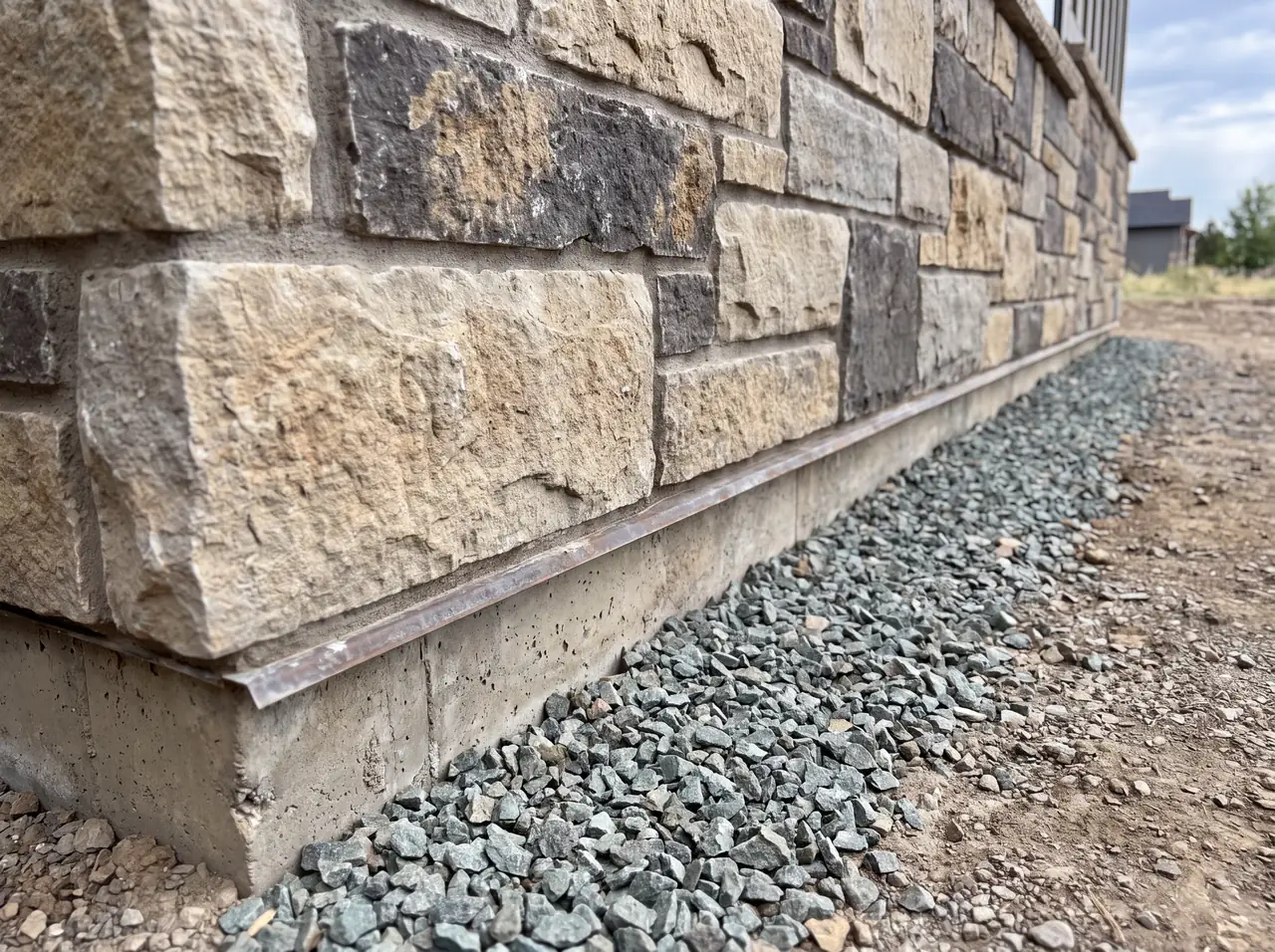 The base of a stone veneer wall where it meets the ground, with a weep screed