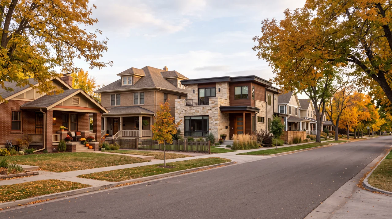 A newly built limestone and timber house among older bungalows and foursquares on a tree-lined street