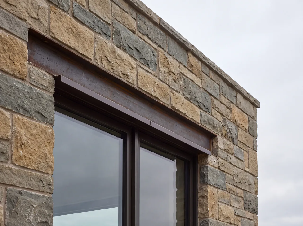 Flashing at the head of a window set in a stone veneer wall